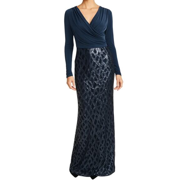 Tadashi Shoji Navy Blue Long Sleeve Sequin Evening Gown Maxi Dress Sz 4 NEW Tags - Picture 1 of 15